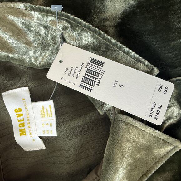 Maeve Anthropologie Olive Green Velvet Button Down Top Womens Size 6 NEW - Picture 5 of 6